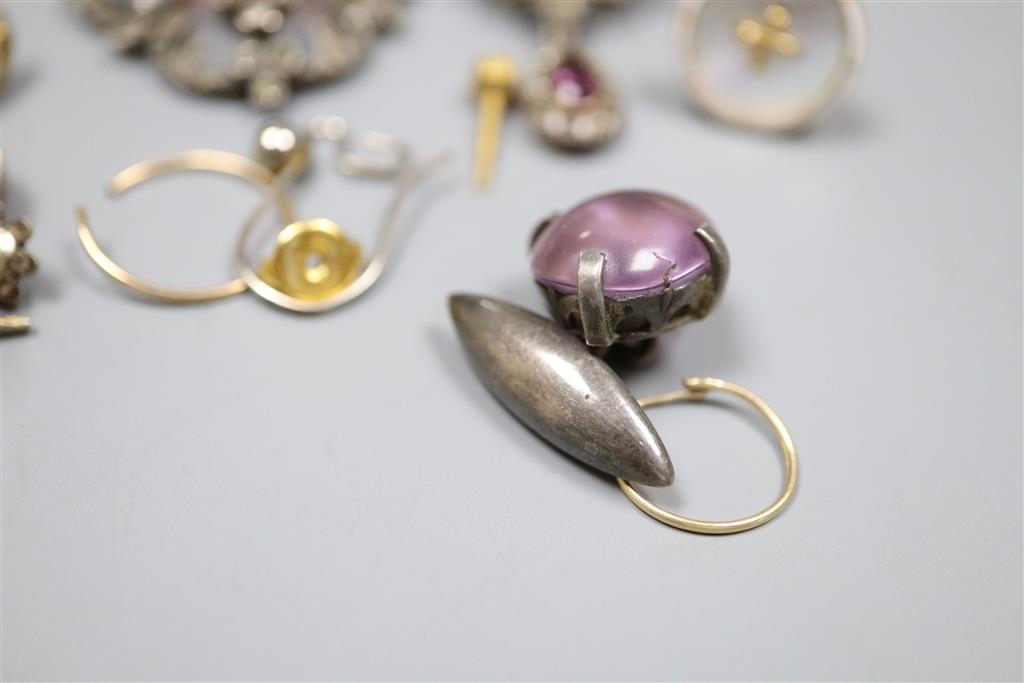 Two Victorian style white metal and paste set scrolling pendants and other minor jewellery.